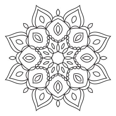 Siyah çizgili çiçek mandala. Beyaz arkaplanda izole edilmiş boyama kitabı için karalama yuvarlak dekoratif öğe. Çiçekli geometrik çember. Vektör illüstrasyonu.