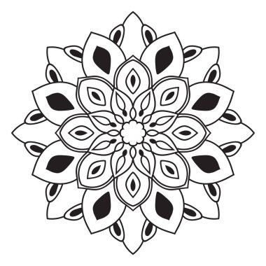 Siyah çizgili çiçek mandala. Beyaz arkaplanda izole edilmiş boyama kitabı için karalama yuvarlak dekoratif öğe. Çiçekli geometrik çember. Vektör illüstrasyonu.