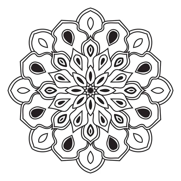 Siyah çizgili çiçek mandala. Beyaz arkaplanda izole edilmiş boyama kitabı için karalama yuvarlak dekoratif öğe. Çiçekli geometrik çember. Vektör illüstrasyonu.