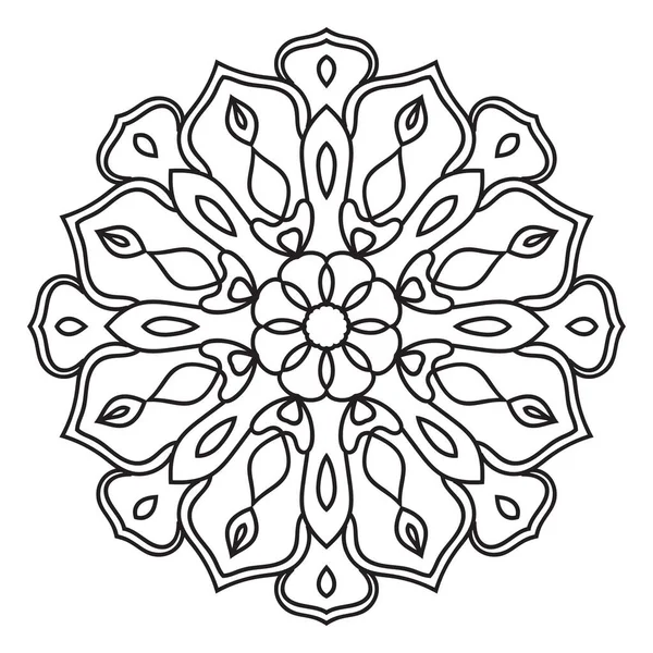 Siyah çizgili çiçek mandala. Beyaz arkaplanda izole edilmiş boyama kitabı için karalama yuvarlak dekoratif öğe. Çiçekli geometrik çember. Vektör illüstrasyonu.