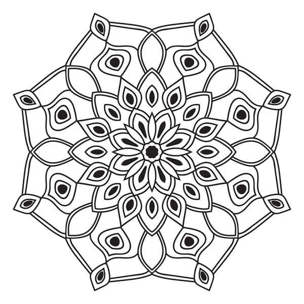 Siyah çizgili çiçek mandala. Beyaz arkaplanda izole edilmiş boyama kitabı için karalama yuvarlak dekoratif öğe. Çiçekli geometrik çember. Vektör illüstrasyonu.