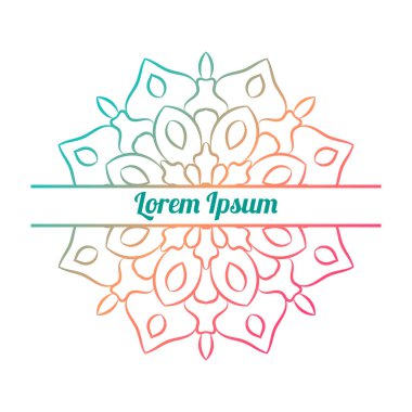 Ortasında boş alan olan renkli bir çiçek kartı var. Dekoratif mandala ile davetiye şablonu. Lotus çiçeği kartı, poster, broşür. Vektör illüstrasyonu.