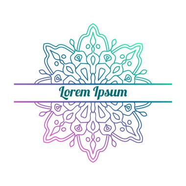 Ortasında boş alan olan renkli bir çiçek kartı var. Dekoratif mandala ile davetiye şablonu. Lotus çiçeği kartı, poster, broşür. Vektör illüstrasyonu.