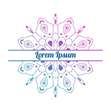 Ortasında boş alan olan renkli bir çiçek kartı var. Dekoratif mandala ile davetiye şablonu. Lotus çiçeği kartı, poster, broşür. Vektör illüstrasyonu.