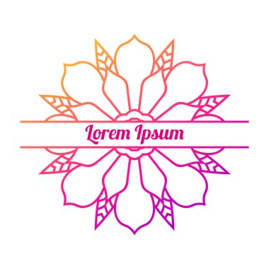 Ortasında boş alan olan renkli bir çiçek kartı var. Dekoratif mandala ile davetiye şablonu. Lotus çiçeği kartı, poster, broşür. Vektör illüstrasyonu.