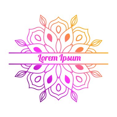 Ortasında boş alan olan renkli bir çiçek kartı var. Dekoratif mandala ile davetiye şablonu. Lotus çiçeği kartı, poster, broşür. Vektör illüstrasyonu.