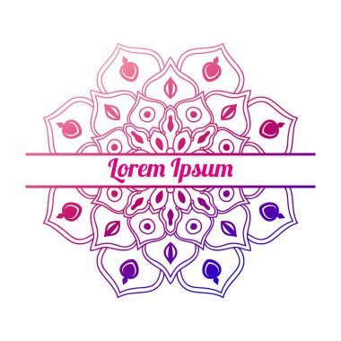 Ortasında boş alan olan renkli bir çiçek kartı var. Dekoratif mandala ile davetiye şablonu. Lotus çiçeği kartı, poster, broşür. Vektör illüstrasyonu.