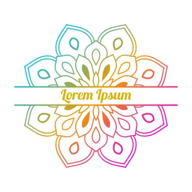 Ortasında boş alan olan renkli bir çiçek kartı var. Dekoratif mandala ile davetiye şablonu. Lotus çiçeği kartı, poster, broşür. Vektör illüstrasyonu.