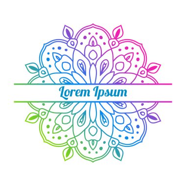 Ortasında boş alan olan renkli bir çiçek kartı var. Dekoratif mandala ile davetiye şablonu. Lotus çiçeği kartı, poster, broşür. Vektör illüstrasyonu.