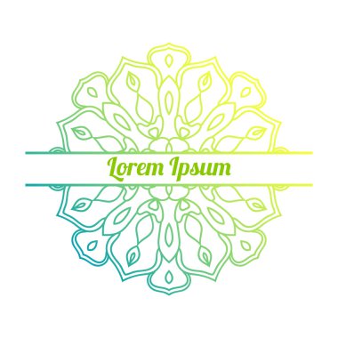 Ortasında boş alan olan renkli bir çiçek kartı var. Dekoratif mandala ile davetiye şablonu. Lotus çiçeği kartı, poster, broşür. Vektör illüstrasyonu.