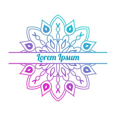 Ortasında boş alan olan renkli bir çiçek kartı var. Dekoratif mandala ile davetiye şablonu. Lotus çiçeği kartı, poster, broşür. Vektör illüstrasyonu.