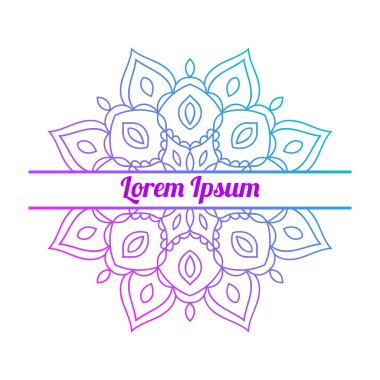 Ortasında boş alan olan renkli bir çiçek kartı var. Dekoratif mandala ile davetiye şablonu. Lotus çiçeği kartı, poster, broşür. Vektör illüstrasyonu.