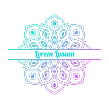 Ortasında boş alan olan renkli bir çiçek kartı var. Dekoratif mandala ile davetiye şablonu. Lotus çiçeği kartı, poster, broşür. Vektör illüstrasyonu.