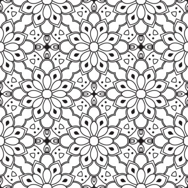 Dekoratif mandala ile kusursuz bir şablon. Soyut yuvarlak karalama çiçek arkaplanı. Çiçek geometrik sonsuzluk arka planı. Ambalaj kağıdı, tekstil, kumaş. Vektör illüstrasyonu. 