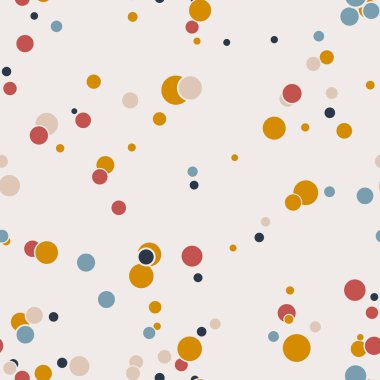 Rengarenk kaotik daireleri olan soyut, pürüzsüz bir desen. Sonsuz noktalı dağınık geometrik desen. Rastgele puantiye. Vektör illüstrasyonu.   