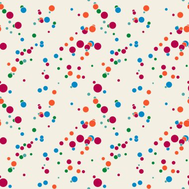Rengarenk kaotik daireleri olan soyut, pürüzsüz bir desen. Sonsuz noktalı dağınık geometrik desen. Rastgele puantiye. Vektör illüstrasyonu.   