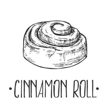 Tarçın rulosunun el çizimi vektör çizimi. Harfli çörek. Fast food menüsü, kafe dekorasyonu için hamur işi