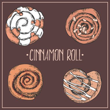 Tarçın rulolarının el çizimi vektör çizimi. Harfli çörekler. Fast food menüsü, kafe dekorasyonu için hamur işi