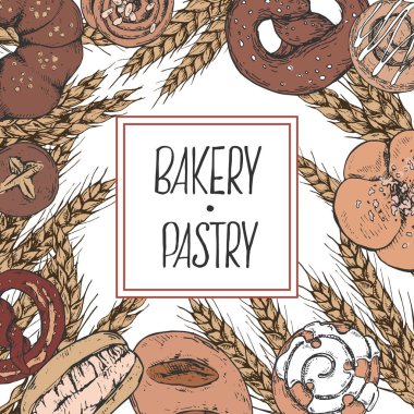 Fırının elle çizilmiş vektör çizimi ve harfleri. Çörekler, ekmekler, krakerler, buğdaylı simit. Fast food menüsü, kafe dekorasyonu için hamur işi