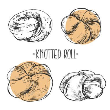 Düğümlü ruloların el çizimi vektör çizimi. Harfli çörekler. Fast food menüsü, kafe dekorasyonu için hamur işi ve fırın