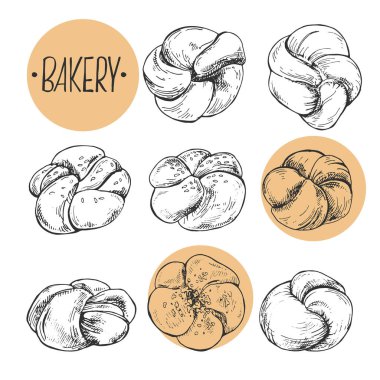 Düğümlü ruloların el çizimi vektör çizimi. Harfli çörekler. Fast food menüsü, kafe dekorasyonu için hamur işi ve fırın