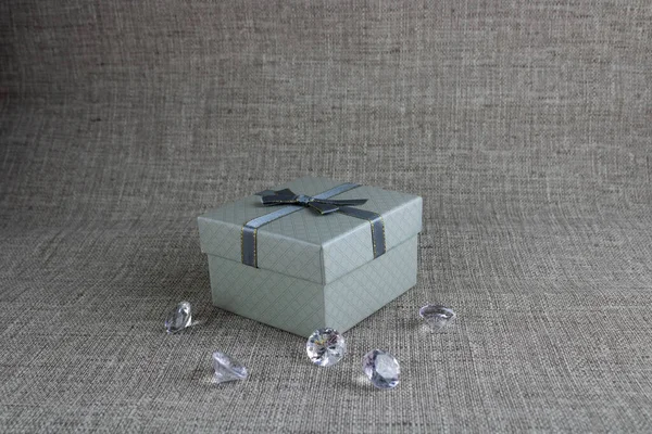 Grey Gift Box Transparent Crystals Grey Background — Stock Photo, Image