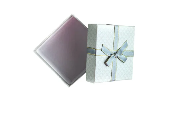 Gift Box Open Lid Gray Bow Isolated White Background — Stock Photo, Image