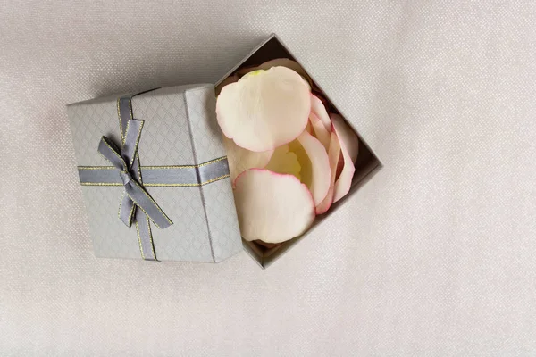 Caja Regalo Gris Con Lazo Con Pétalos Rosa Sobre Fondo — Foto de Stock