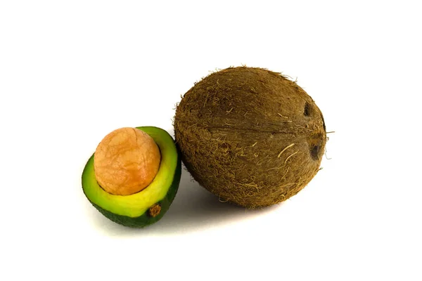 Avocado Half Stone Coconut Isolated White Background — Stock Photo, Image