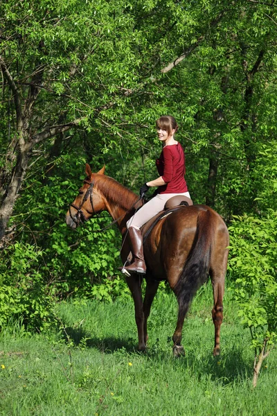 美しい乗馬モデルの女の子とともに彼女の馬で牧草地で日没 — ストック写真