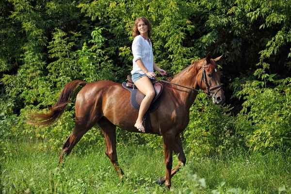 Hermosa Chica Rubia Cabalgando Caballo Doma Deportes Bosque Verano —  Fotos de Stock