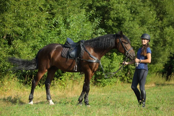 Vrouw Paardrijden Sportieve Dressuur Paard Het Pad Avond — Stockfoto