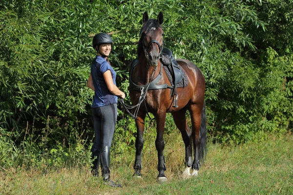 Femme Équitation Cheval Dressage Sportif Sur Chemin Dans Soirée — Photo