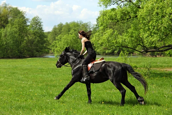 Beautiful Girl Riding Horse Summer Meadow — Stock Photo, Image