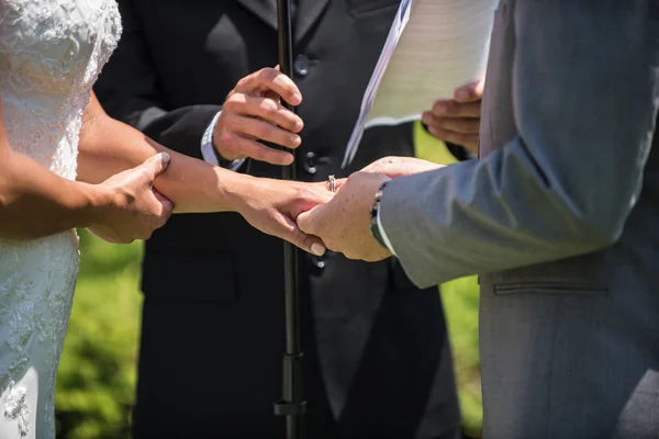 Groom Slides Diamond Ring His Bride Finger Official Looks Wedding — Stock Photo, Image