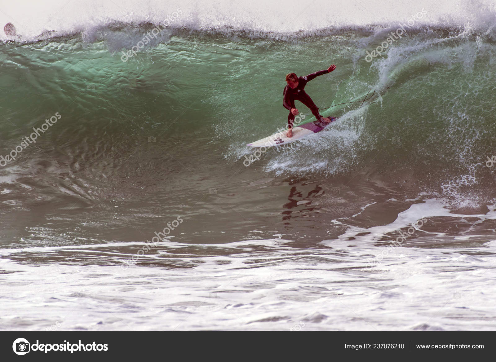 Goofy Foot Surfer Black Wetsuit Dropping Going Right Large Waves