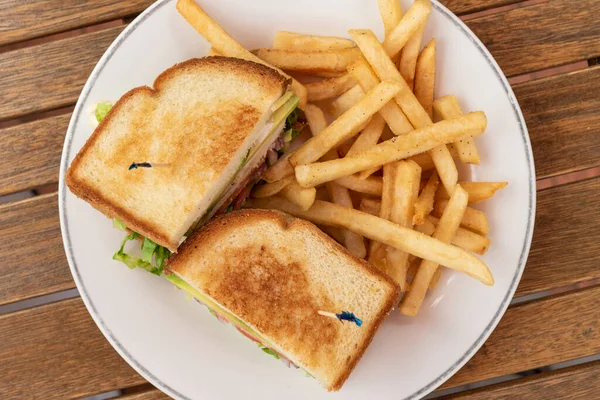 Club Sandwich French Fries Plate Makes Delicious Meal Hungry — Stock Photo, Image