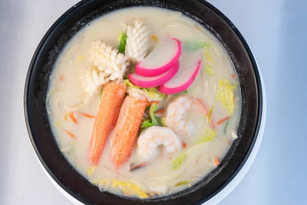 Vista Aérea Tazón Grande Chanpon Lleno Calamares Cangrejos Camarones Con — Foto de Stock