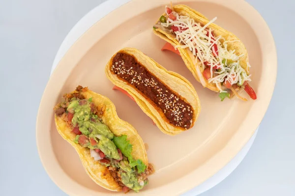 Overhead View Hearty Meal Various Vegan Tacos Vegetarians Tempts Taste — Stock Photo, Image