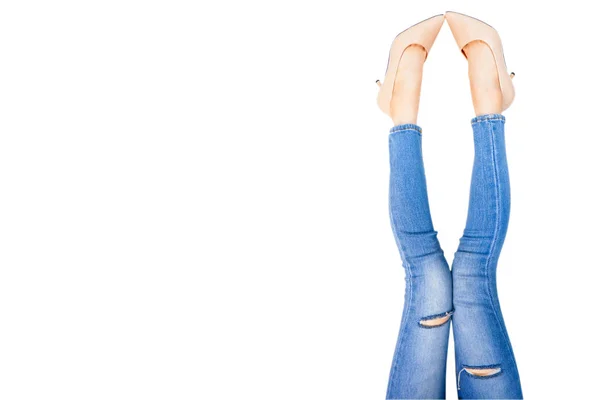 Schöne Frauenfüße Und Schlanke Beine Beige Mittelhohe Absätze Porträt Junger — Stockfoto