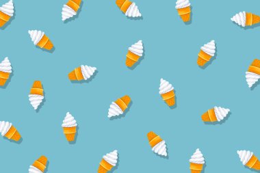 Beyaz dondurma Pastel mavi arka plan üzerinde izole. Silgi dondurma tatlı, yaz minimalizm şeklinde. Soyut parlak dondurma koni gıda desen mavi doku, kopya alanı üstten görünüm.