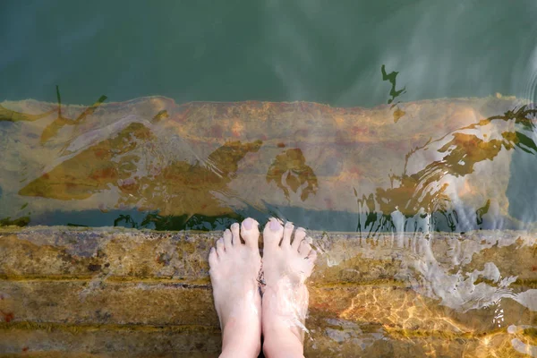緑の水の中の女性の足と紫のペディキュア トップビュー 木製の橋の背景に美しいアジアの若い女性のボディレッグと裸足 夏のアクアウォーターの下で人々の足のトリミング画像 — ストック写真
