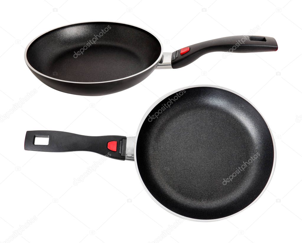 Pan Isolated on White Background for Frying Meal. Clipping Path. Close Up Clean Steel Used Iron Black Fry Pan Object. Top View and Side View. Kitchen Cooking Utensil for Food Preparation Concept.