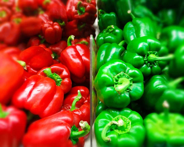 Paprika Background. Fresh Green and Red Organic Bell Pepper Capsicum in the Supermarket. Group of Fresh Capsicum at Market Store. Colorful Fruit and Vegetable. Close Up and Full Frame View of Peppers.