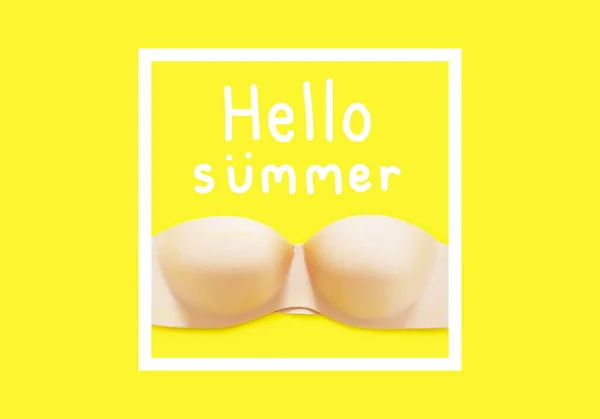 Hello Summer Text Beige Bra Isolated Yellow Background Summertime Concept — Stock Photo, Image