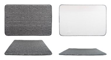 Halı Beyaz Arka Plan, Üst Görünüm ve Yan Izole. Kırpma Yolu ile Beyaz Stüdyo üzerinde Çizgili Tekrarlanan Yatay Nesne ile Gri Kapı Paspas. Ev İç için Gri Modern Banyo Stripy Halı.