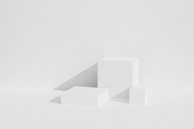 Stüdyo odasında geometrik şekilli soyut beyaz arkaplan dokusu. Web sitesinde ürün için 3D hazırlama. Gri ekran podyum sahnesi olan en az model. Reklam afişi için boş bir vitrin.