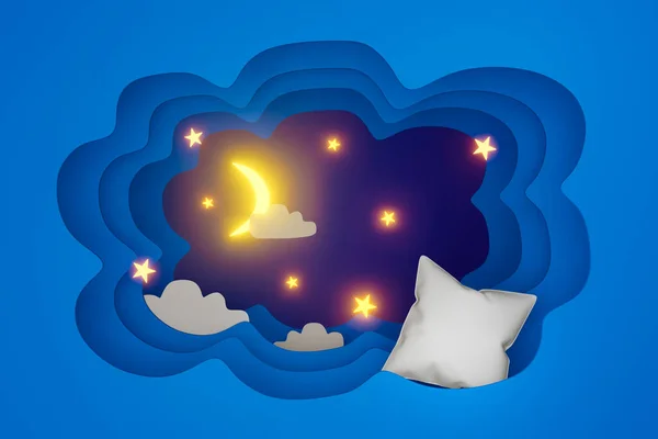 3d paper art of half moon and stars with white cloud background at night sky. 3D render for card and banner. Abstract of paper cut origami style. Kids dream in midnight. Minimal creative idea design.