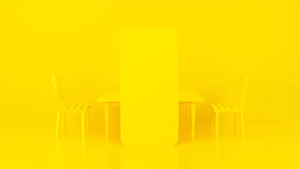 3D黄色のテーブルチェアとスマートフォン 家の中で食べる スタジオルーム用のリアルな3Dレンダリングデザイン 現代の最小限のグラフィックコンセプト 要旨黄色の背景家具 ダイニングルームインテリア — ストック写真