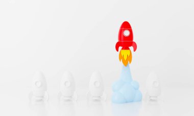 3D seçkin kırmızı roket görüntüsü beyaz arka planda izole edildi. Duman püskürten uzay gemisinin kağıt sanatı. Kavramsal düşünme ve iş kurma kavramı. Yaratıcı fikir tasarımı.